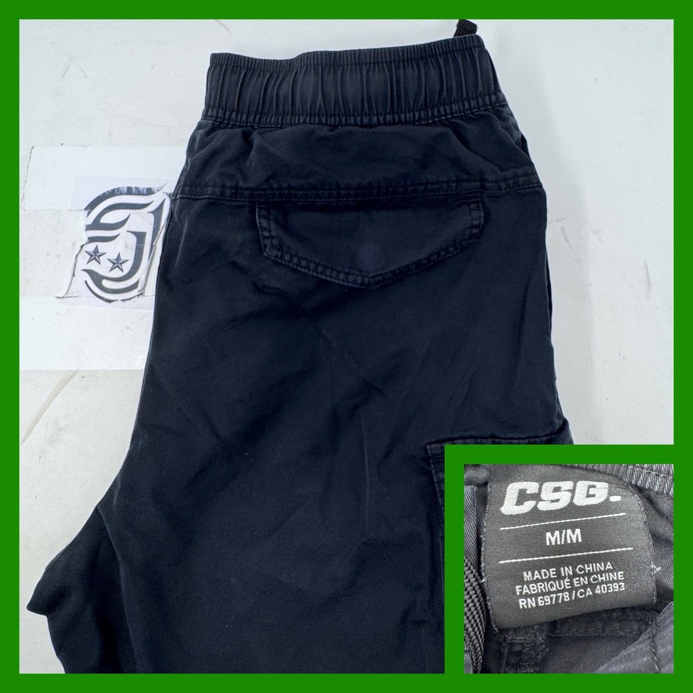 CSG Cargo Pants Mens Medium Black Elastic Waist‎ Cotton Nylon Gorpcore Utility